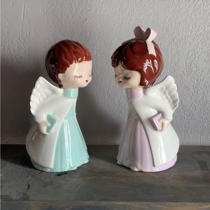 Vintage Christmas kissing angels pink and blue ceramic